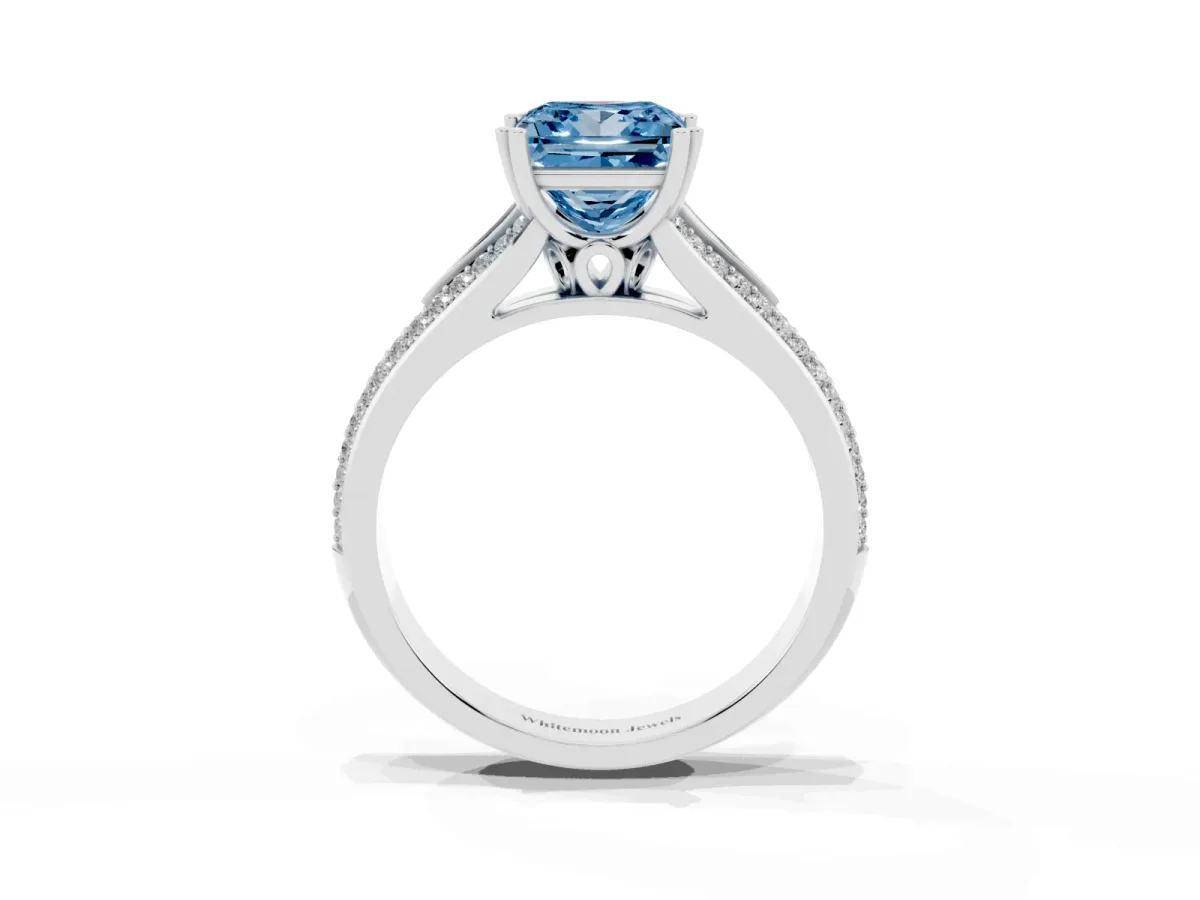 Fancy Blue Princess Cut Diamond Split Shank Engagement Ring with Pavé Band Silver