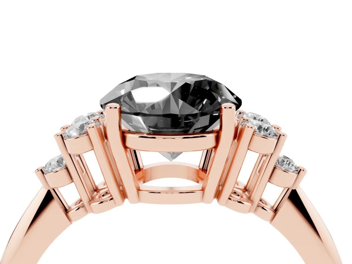 Fancy Black Round Cut Cut Diamond Cluster Ring with Solitaire Band and Four-Prong Setting Rose gold