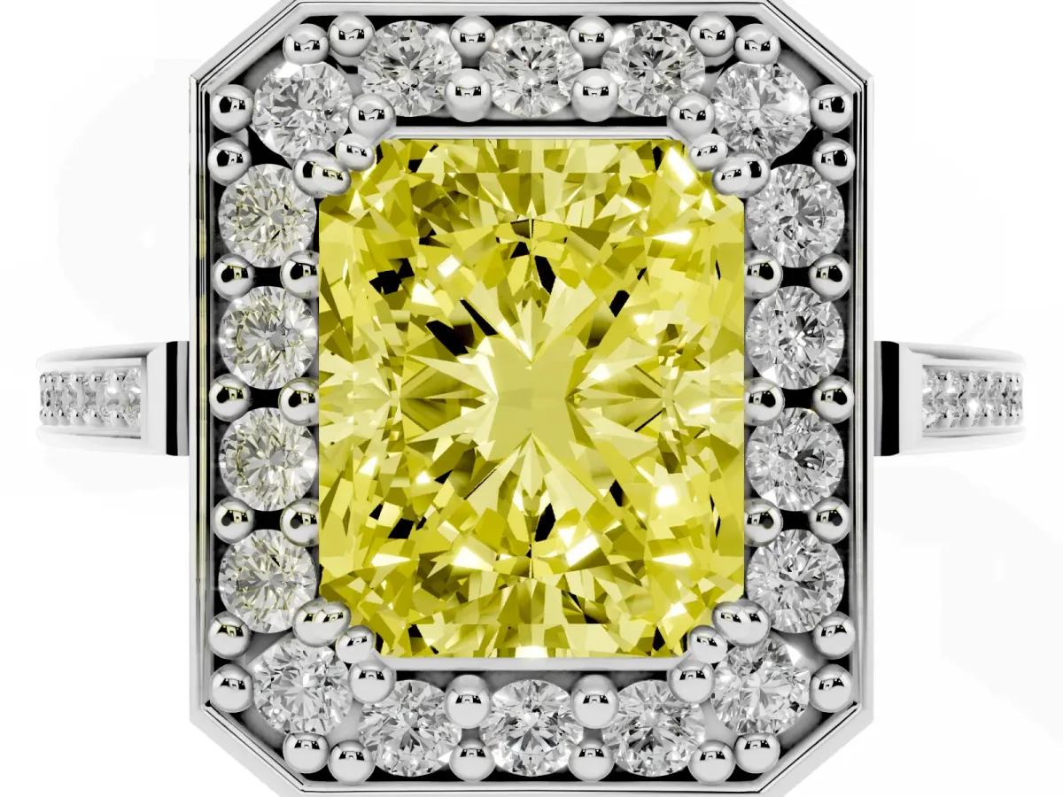 Fancy Yellow Radiant Cut Diamond Halo Ring with Split Shank and Four-Prong Setting Silver
