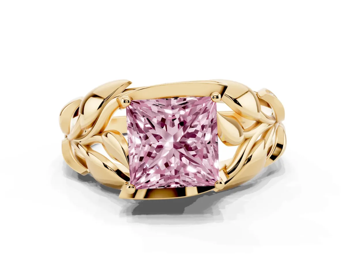 Fancy Pink Princess Cut Diamond Leaf-Inspired Engagement Ring with Round Accents and Prong Setting Yellow gold
