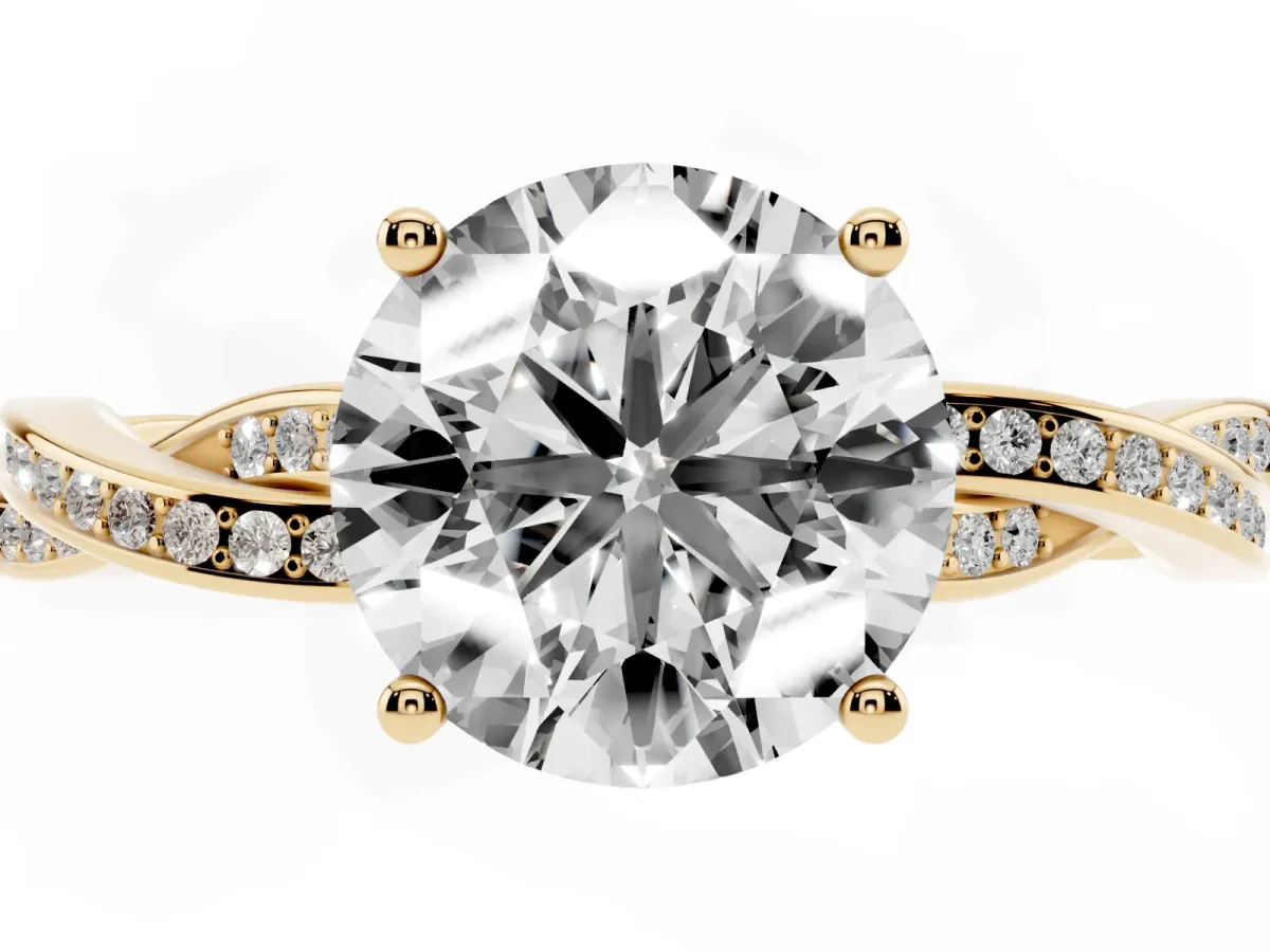 Round Cut Solitaire Twisted Pave Diamond Ring with Four-Prong Setting Yellow gold