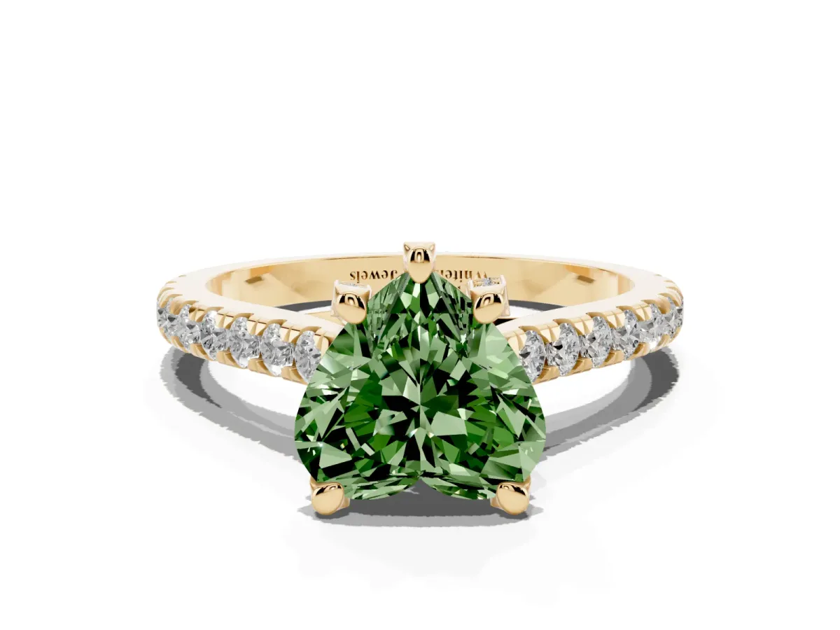 Fancy Green Heart Cut Brilliant Diamond Solitaire with Pavé Band and Four-Prong Setting Yellow gold