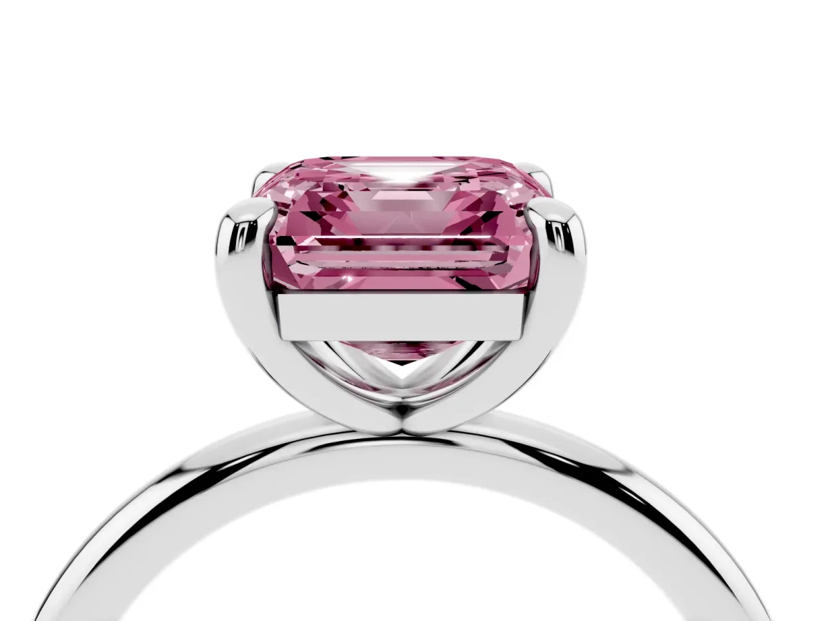 Fancy Pink Asscher Cut Solitaire Diamond Ring with Four-Prong Setting on a Plain Band Silver