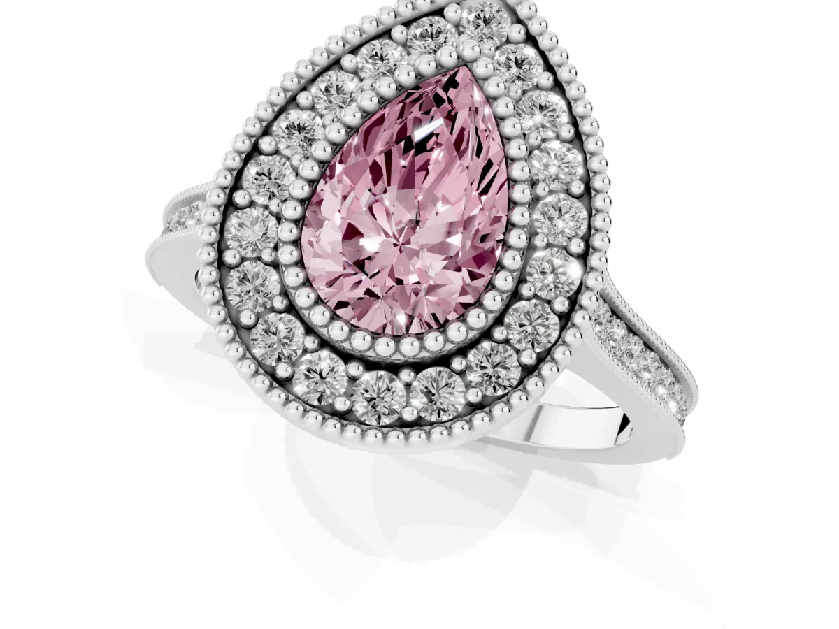 Fancy Pink Pear Cut Diamond Halo Ring with Milgrain Frame and Pavé Band Platinum