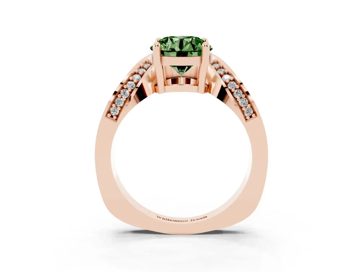 Fancy Green Round Cut Solitaire Diamond Engagement Ring with Pave Band and Four-Prong Setting Rose gold