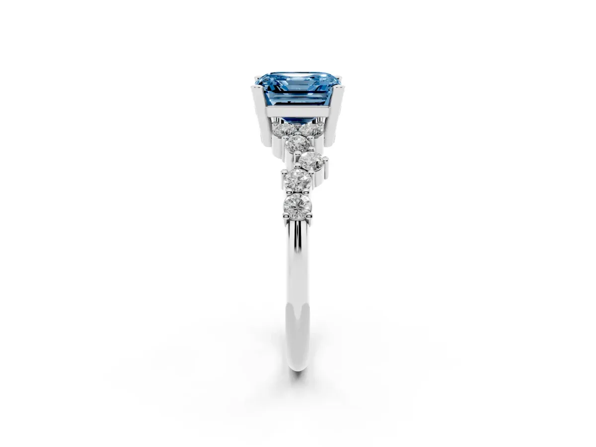 Fancy Blue Asscher Cut Diamond Scattered Round Accent Ring with Prong Setting White gold