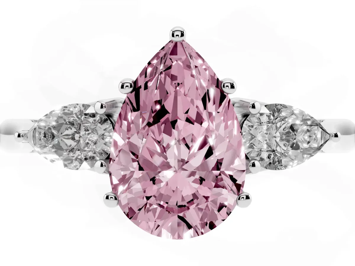 Fancy Pink Three-Stone Pear Cut Diamond Ring with Pear Side Stones in Four-Prong Setting Silver
