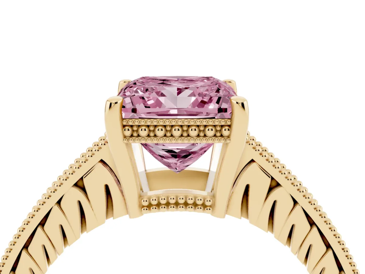 Fancy Pink Princess Cut Solitaire Pavé Diamond Milgrain Engagement Ring with Four-Prong Setting Yellow gold