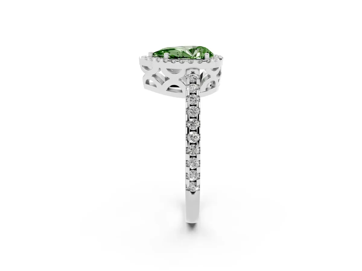 Fancy Green Pear Cut Diamond Halo Engagement Ring with Pavé Band and Prong Setting Silver