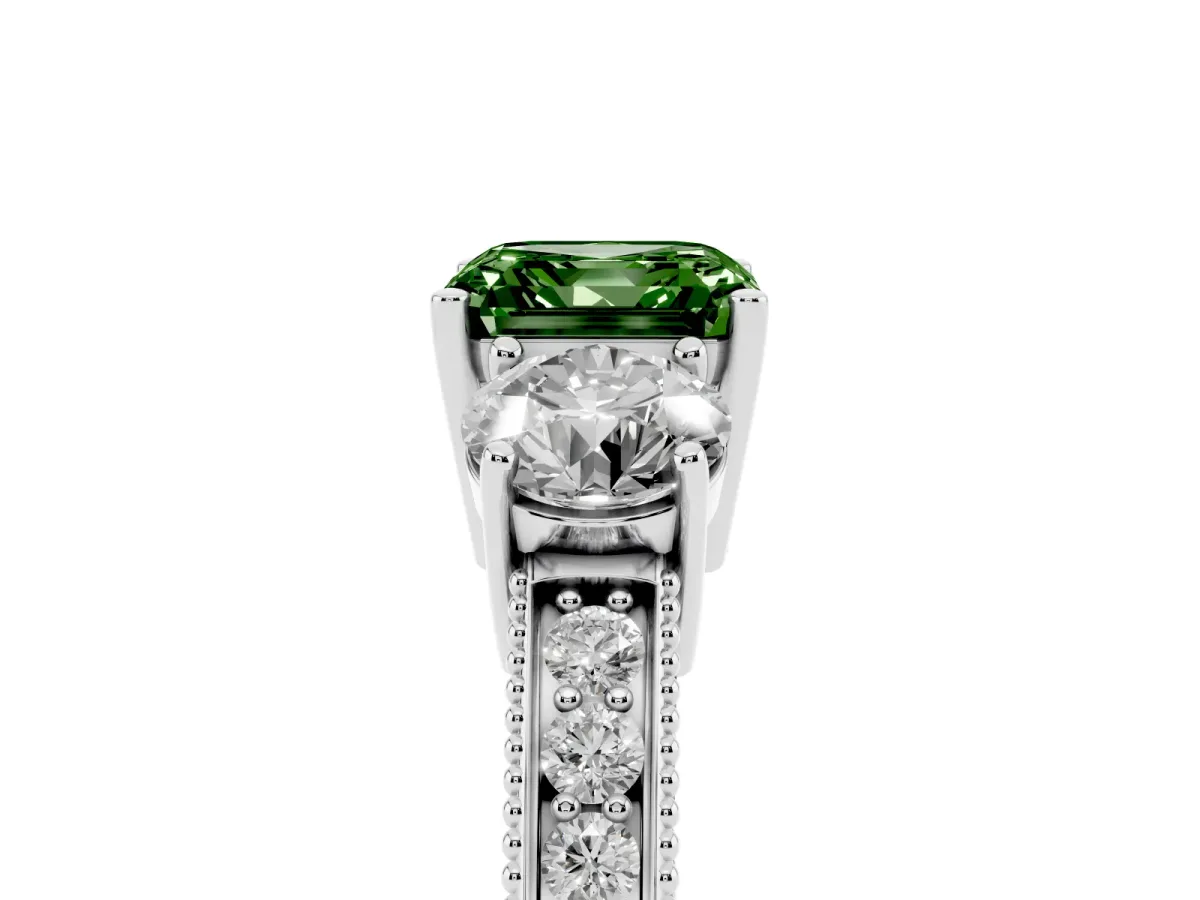 Fancy Green Asscher Cut Three-Stone Diamond Ring with Pavé Band and Four-Prong Setting Silver
