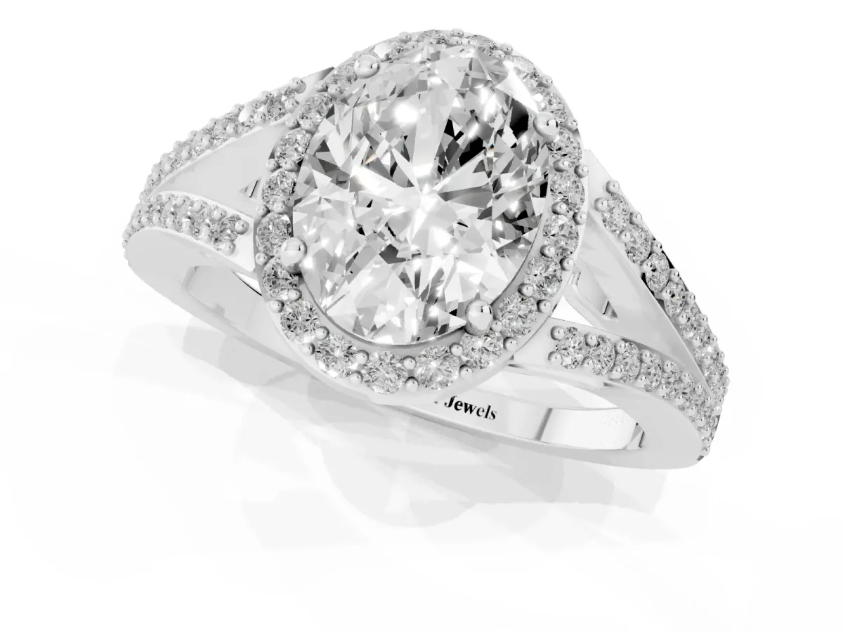 Oval Cut Halo Split Shank Diamond Ring with Prong Setting Platinum