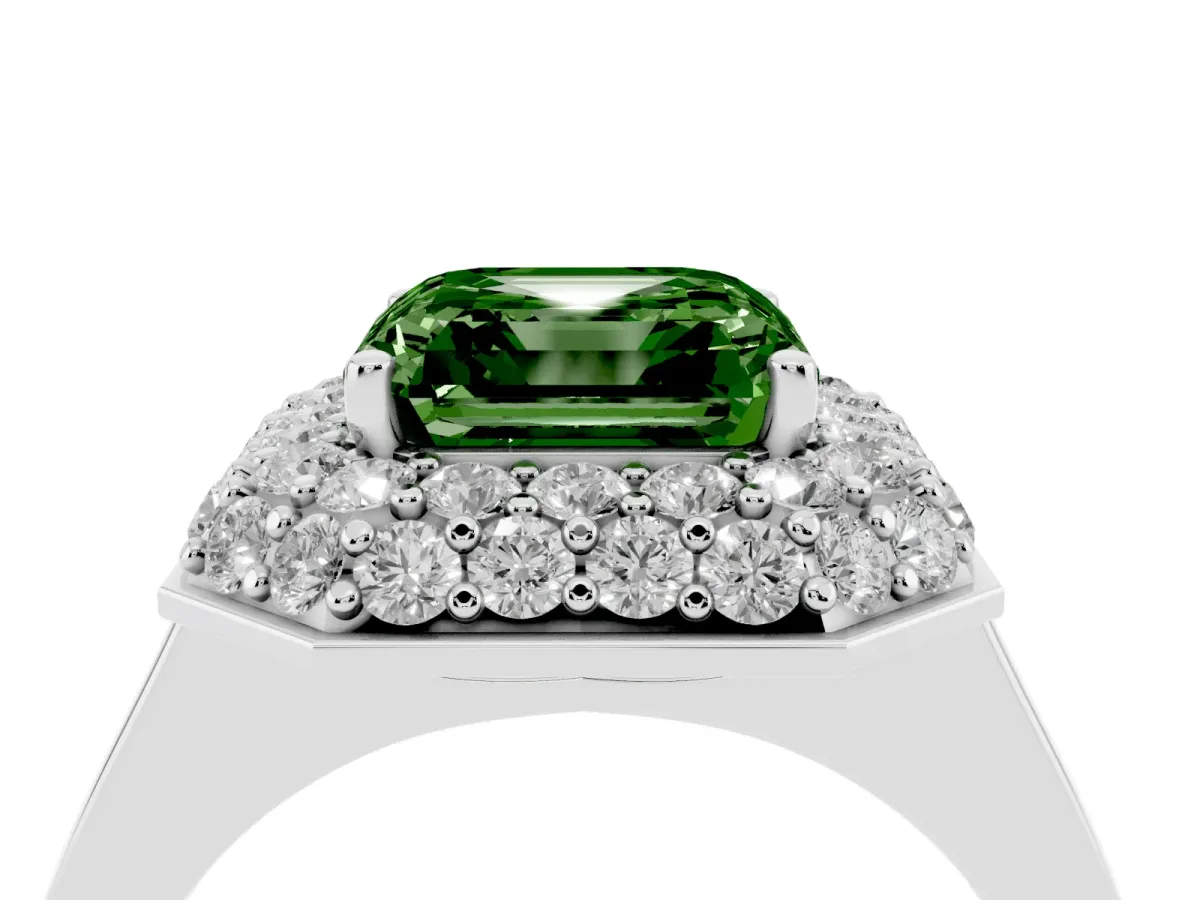 Fancy Green Asscher Cut Halo Diamond Engagement Ring with Solitaire Band and Four-Prong Setting Silver