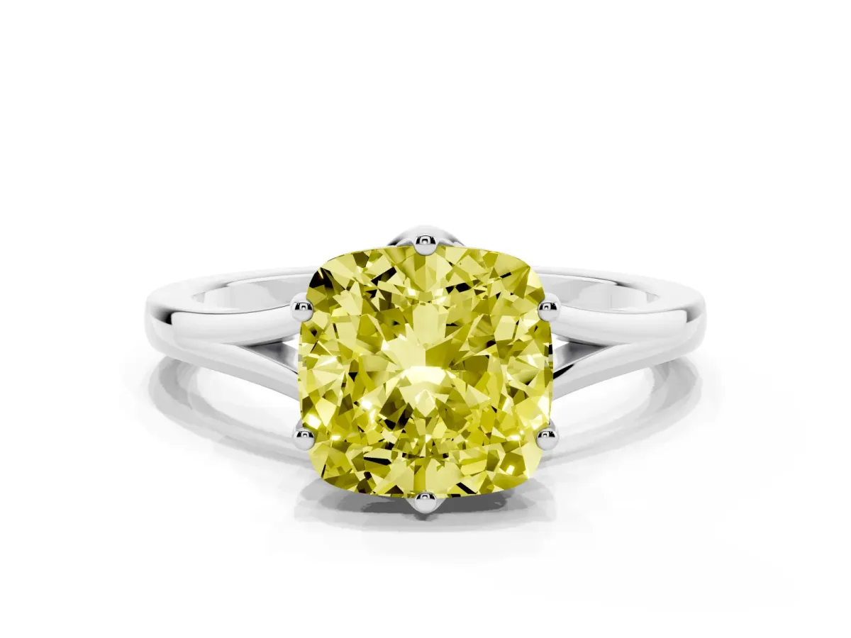 Fancy Yellow Cushion Cut Solitaire Diamond Ring with Six-Prong Setting and Tapered Band Silver