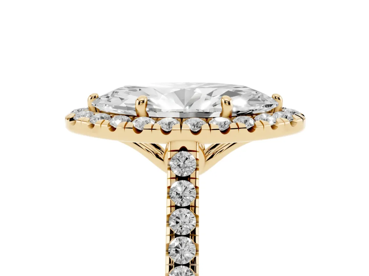 Marquise Cut Halo Pavé Diamond Engagement Ring with Four-Prong Setting Yellow gold