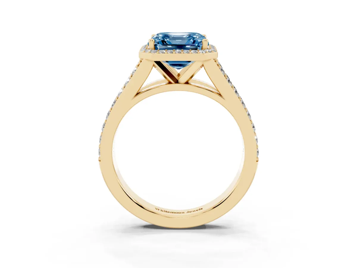 Fancy Blue Asscher Cut Diamond Split Shank Halo Ring with Four-Prong Setting Yellow gold