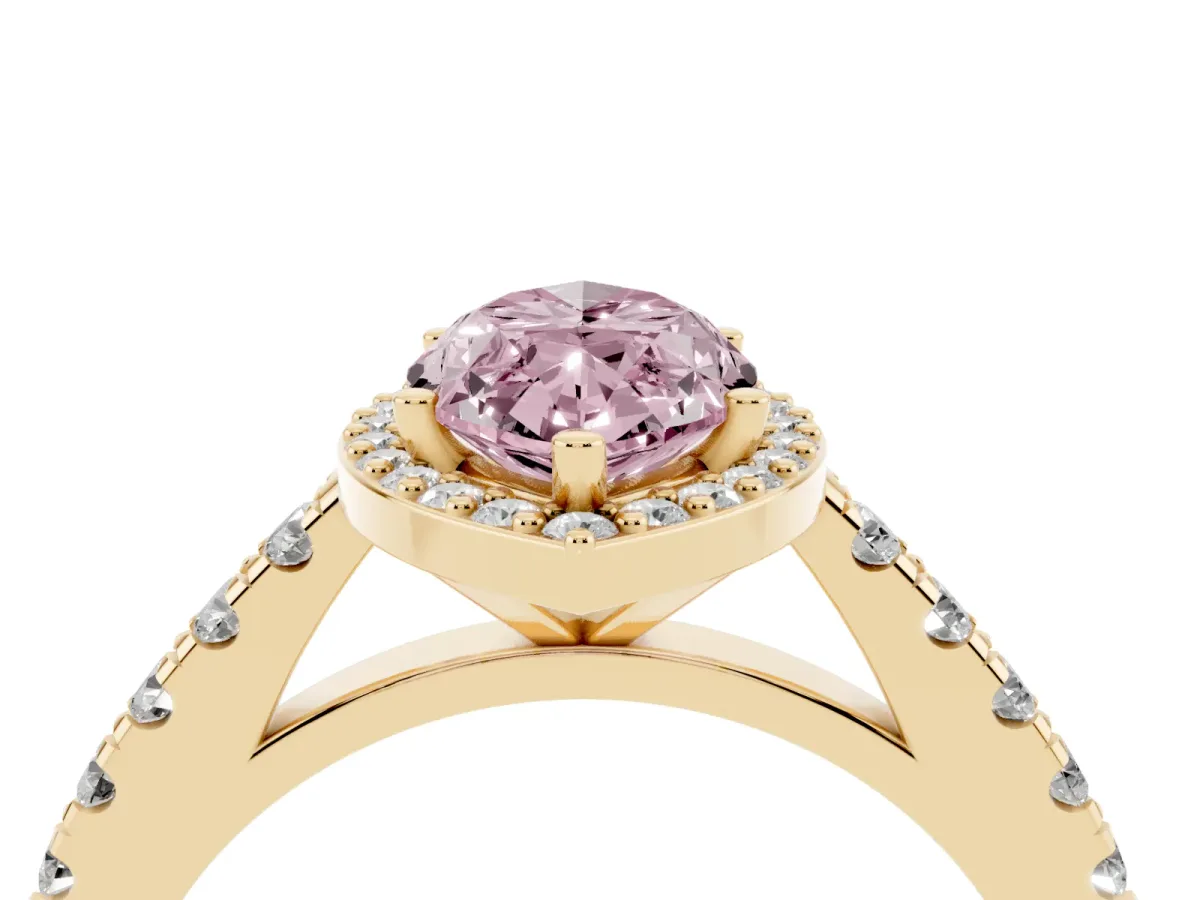 Fancy Pink Marquise Cut Cut Halo Diamond Engagement Ring with Pave Band and Four-Prong Setting Yellow gold