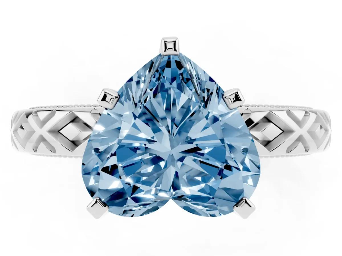 Fancy Blue Heart Cut Solitaire Diamond Ring with Milgrain and Black Enamel X Pattern Band Silver