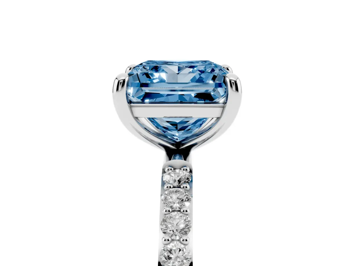 Fancy Blue Princess Cut Diamond Solitaire Ring with Round Pavé Band and Prong Setting Silver