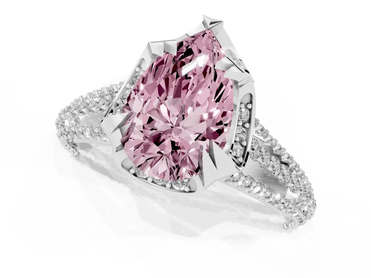 Fancy Pink Pear Cut Solitaire Pave Split Shank Ring with Four-Prong Setting Silver