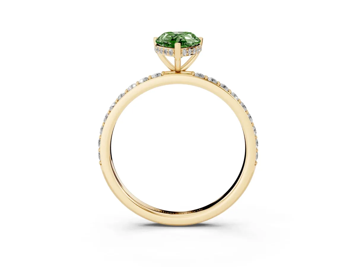 Fancy Green Pear Cut Diamond Solitaire Ring with Pavé Band and Hidden Halo Yellow gold