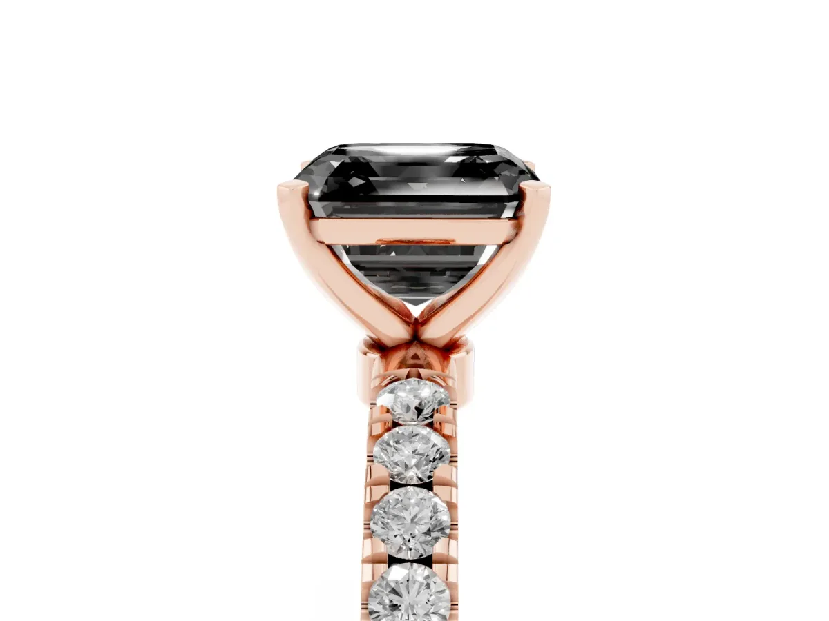 Fancy Black Asscher Cut Diamond Solitaire Ring with Pavé Accents and Four-Prong Setting Rose gold