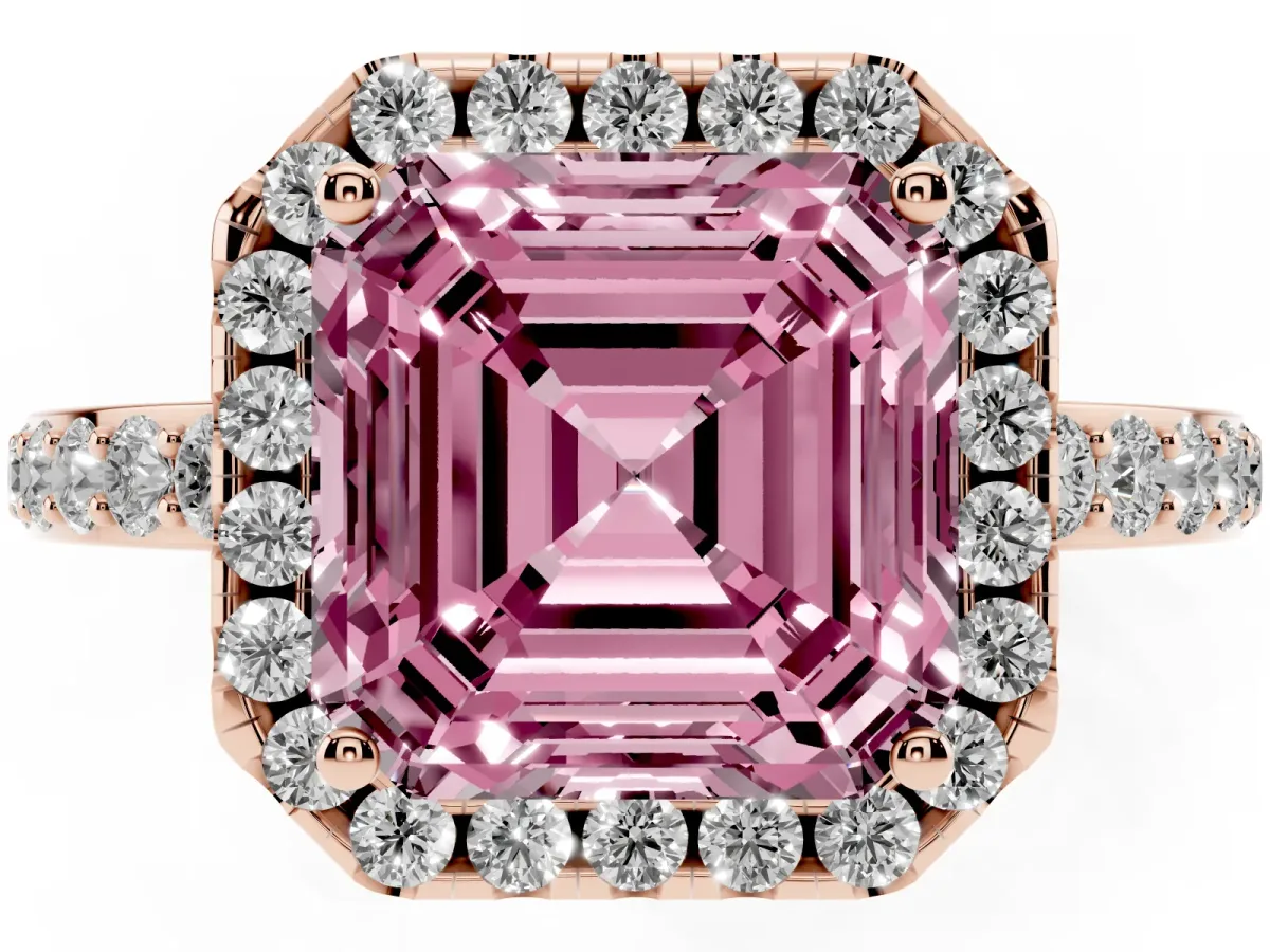 Fancy Pink Asscher Cut Halo Diamond Pavé Band Ring with Prong Setting Rose gold