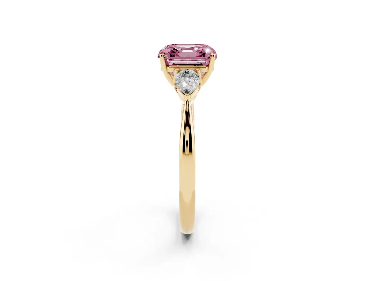 Fancy Pink Three-Stone Asscher Cut Brilliant Diamond Solitaire Ring with Tapered Band and Four-Prong Setting Yellow gold
