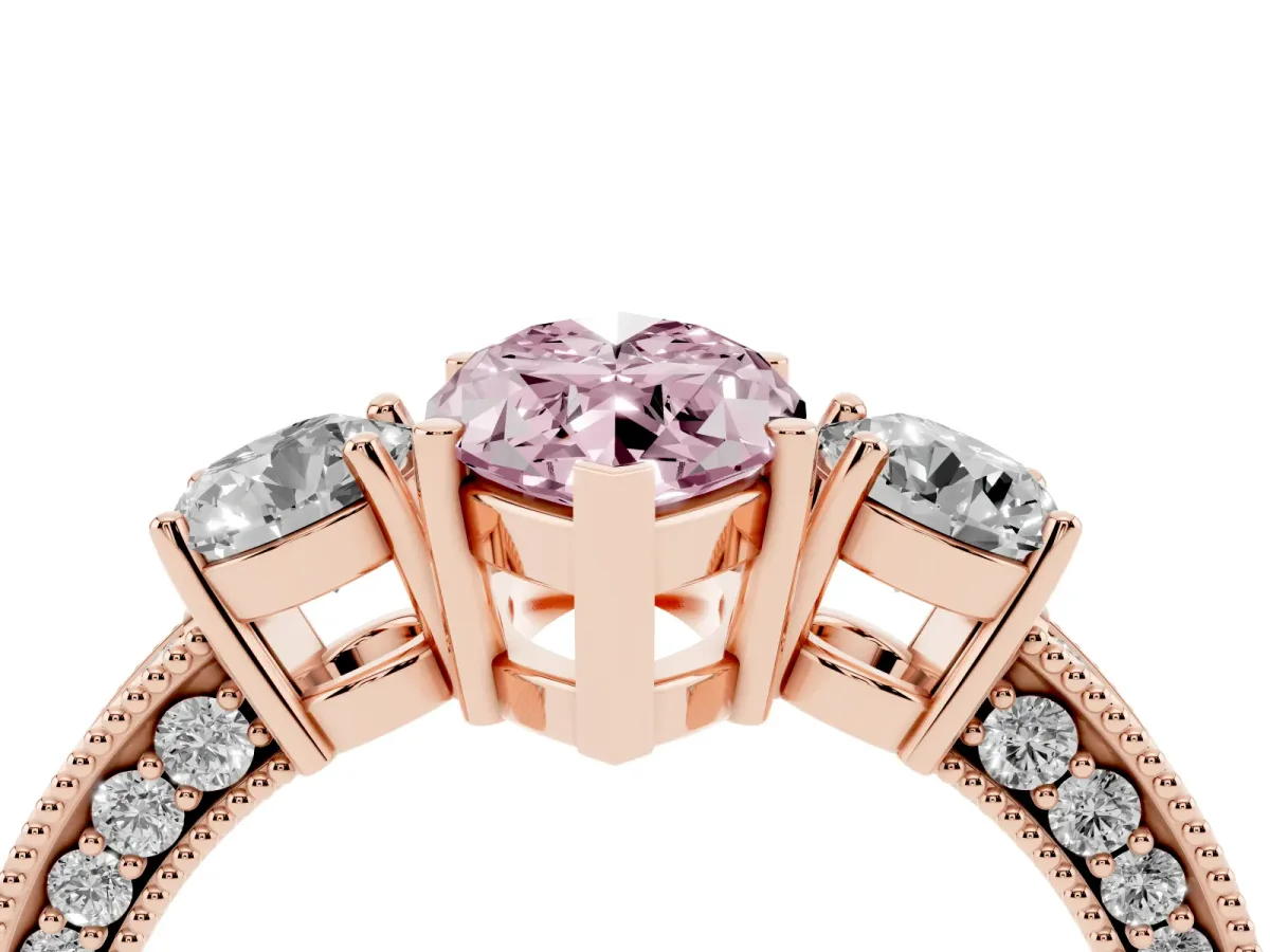 Fancy Pink Marquise Cut Three-Stone Diamond Ring with Pavé Band and Four-Prong Setting Rose gold