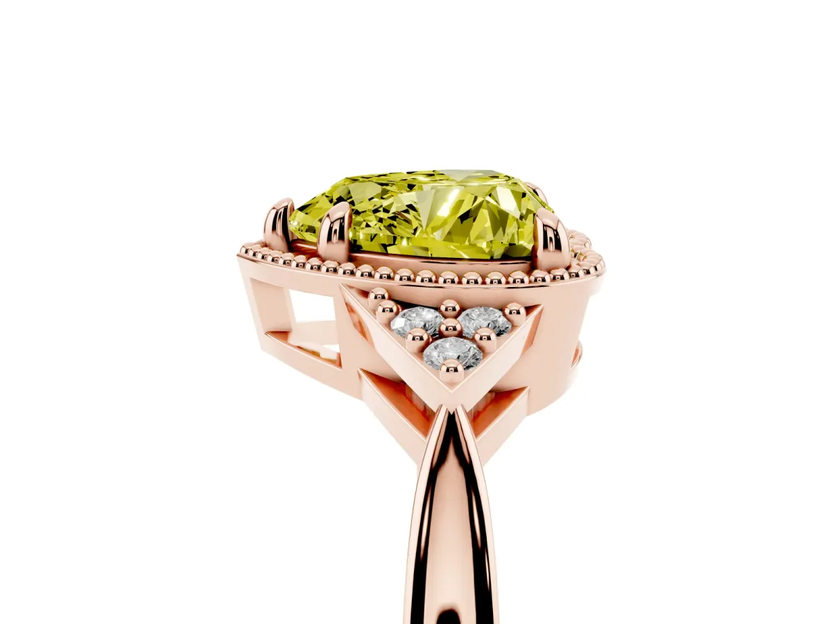 Fancy Yellow Hexagonal Halo Heart Cut Diamond Solitaire with Pavé Band and Four-Prong Setting Rose gold