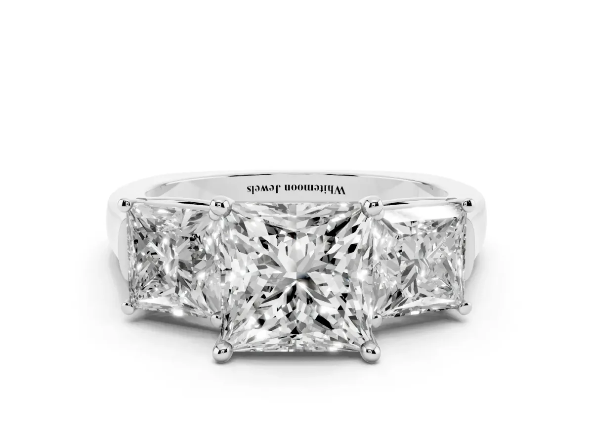 Three-Stone Princess Cut Brilliant Diamond Trellis Ring with Comfort Fit Band White gold