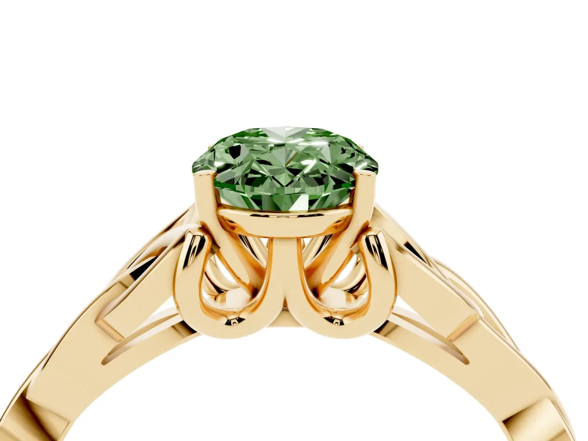 Fancy Green Oval Cut Diamond Solitaire Engagement Ring with Celtic Knot Band and Four-Prong Setting Yellow gold