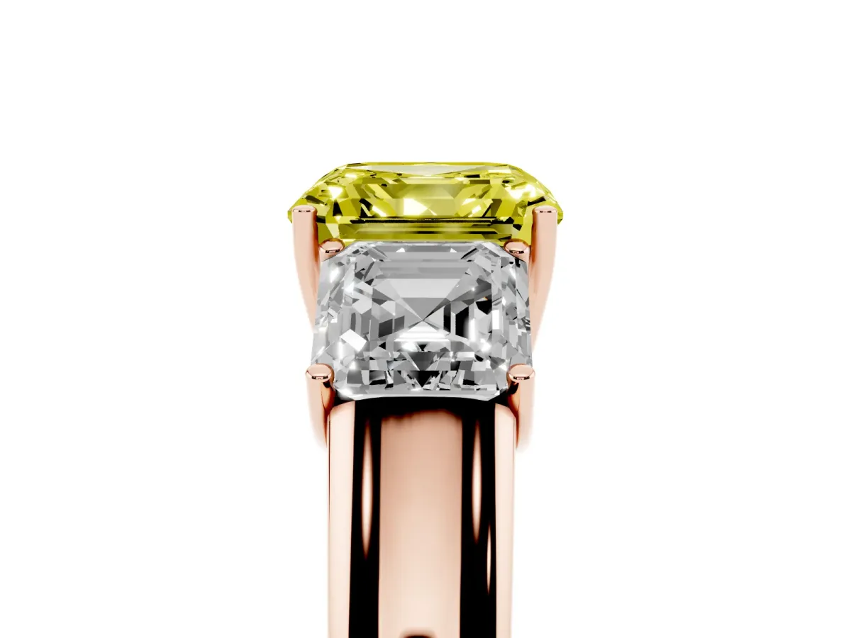 Fancy Yellow Three-Stone Asscher Cut Cut Diamond Ring with Prong Setting and Classic Band Rose gold