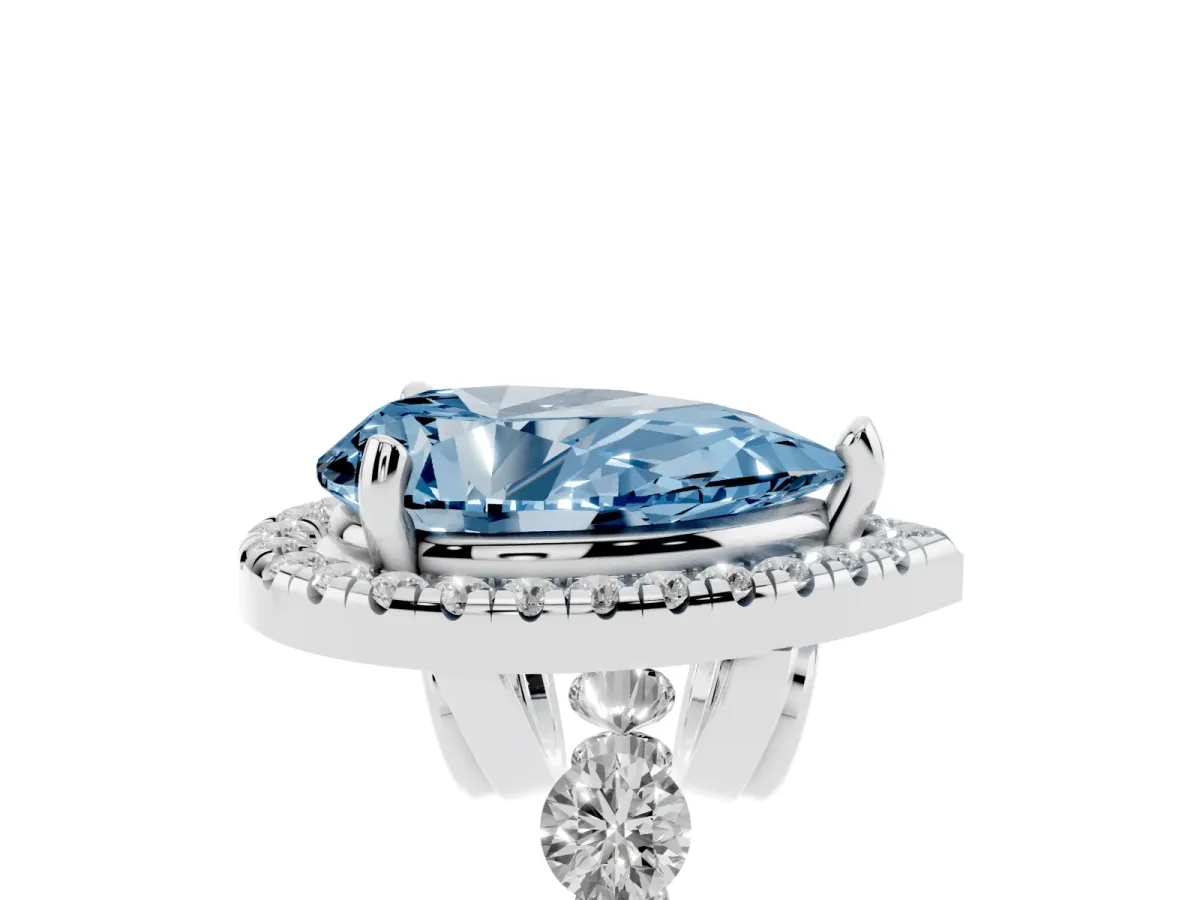 Fancy Blue Pear Cut Halo Pavé Diamond Engagement Ring with Four-Prong Setting Silver