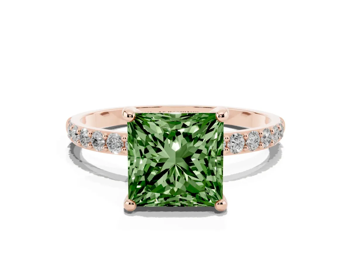 Fancy Green Princess Cut Diamond Solitaire Ring with Round Pavé Band and Prong Setting Rose gold
