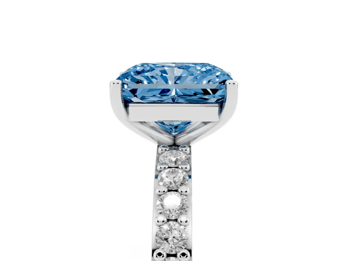 Fancy Blue Radiant Cut Cut Diamond Solitaire with Pave Band and Four-Prong Setting Silver