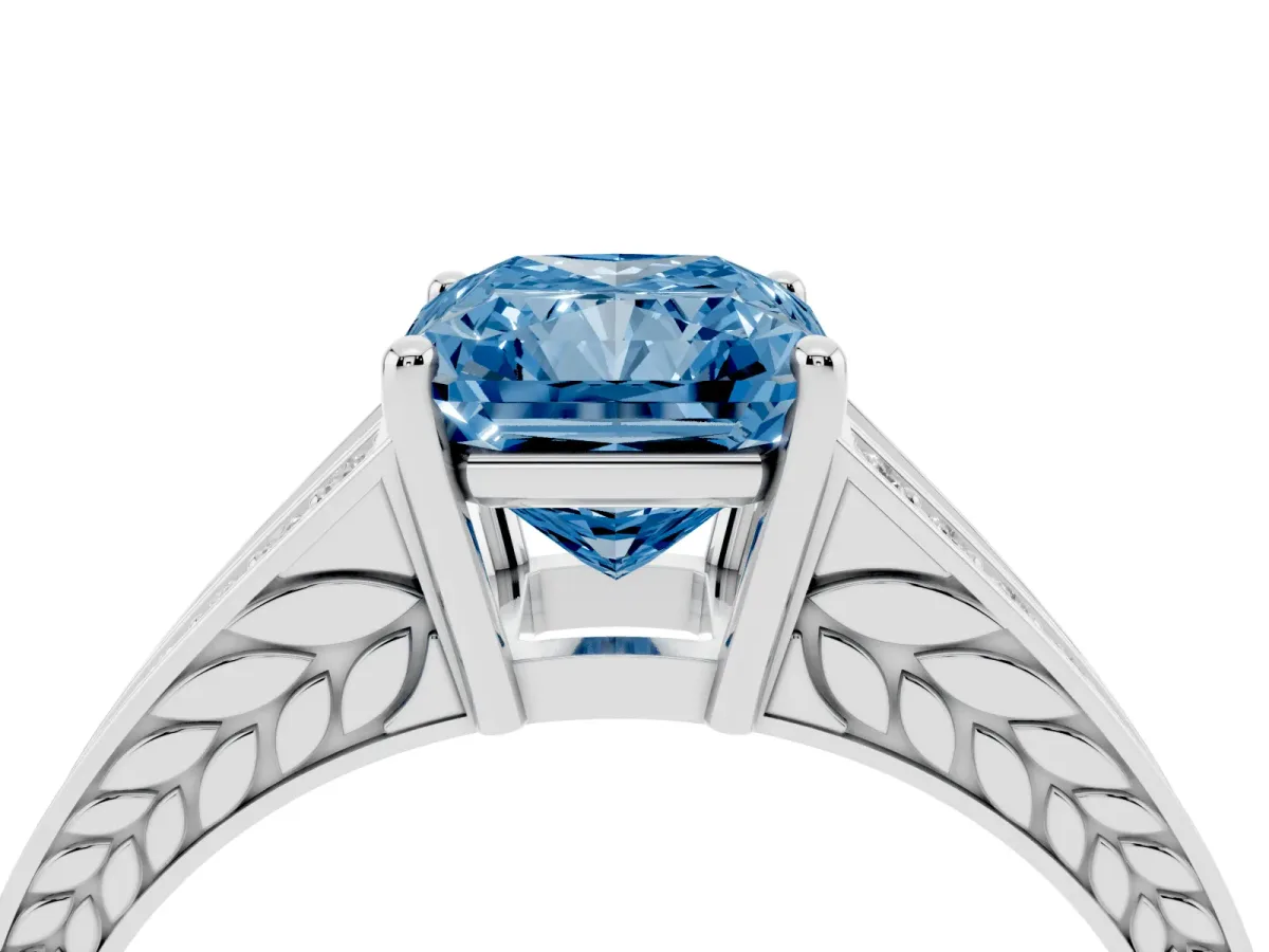 Fancy Blue Radiant Cut Diamond Split Shank Ring with Pavé Band and Four-Prong Setting White gold