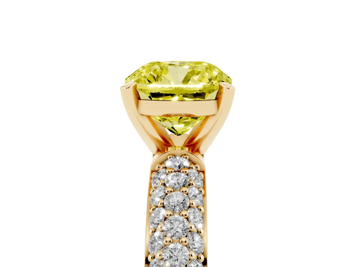 Fancy Yellow Cushion Cut Diamond Solitaire Ring with Prong Setting and Pavé Band Yellow gold