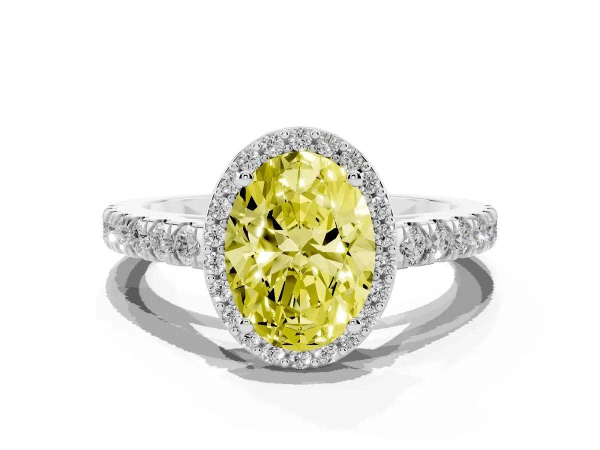 Fancy Yellow Oval Cut Cut Halo Diamond Engagement Ring with Pave Band and Four-Prong Setting Silver