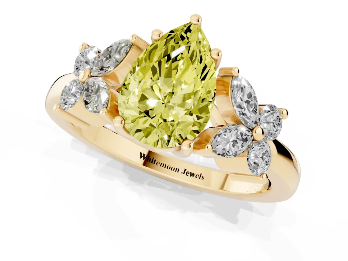 Fancy Yellow Pear Cut Diamond Floral Cluster Ring with Solitaire Band and Prong Setting Yellow gold