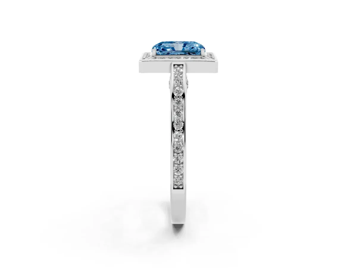 Fancy Blue Radiant Cut Cut Halo Pave Split Shank Prong Setting Ring White gold