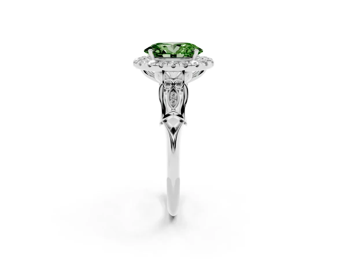 Fancy Green Oval Cut Halo Diamond Engagement Ring with Filigree Band and Four-Prong Setting Platinum