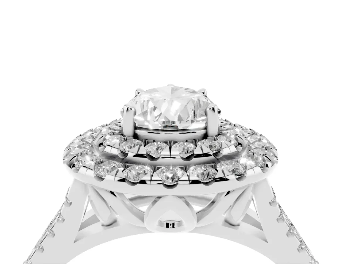 Double Halo Pear Cut Diamond Pavé Split Shank Ring with Prong Setting Silver