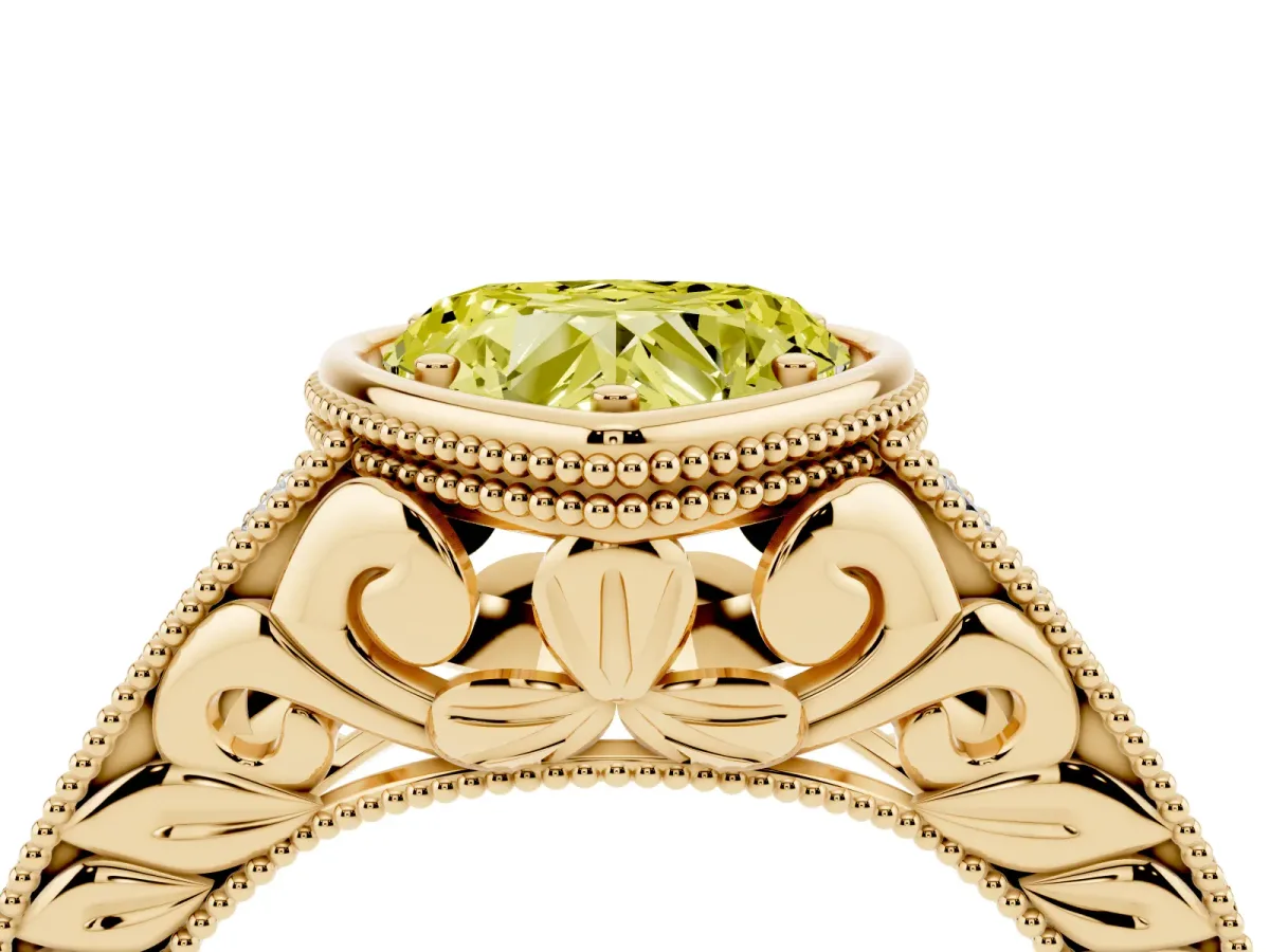 Fancy Yellow Bezel Set Heart Cut Diamond Milgrain Pave Engagement Ring Yellow gold