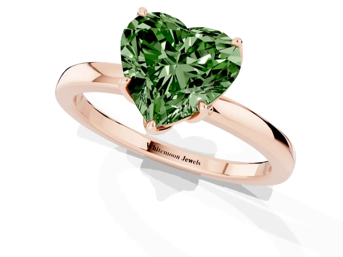 Fancy Green Heart Cut Diamond Solitaire Ring with Thin Band and Prong Setting Rose gold