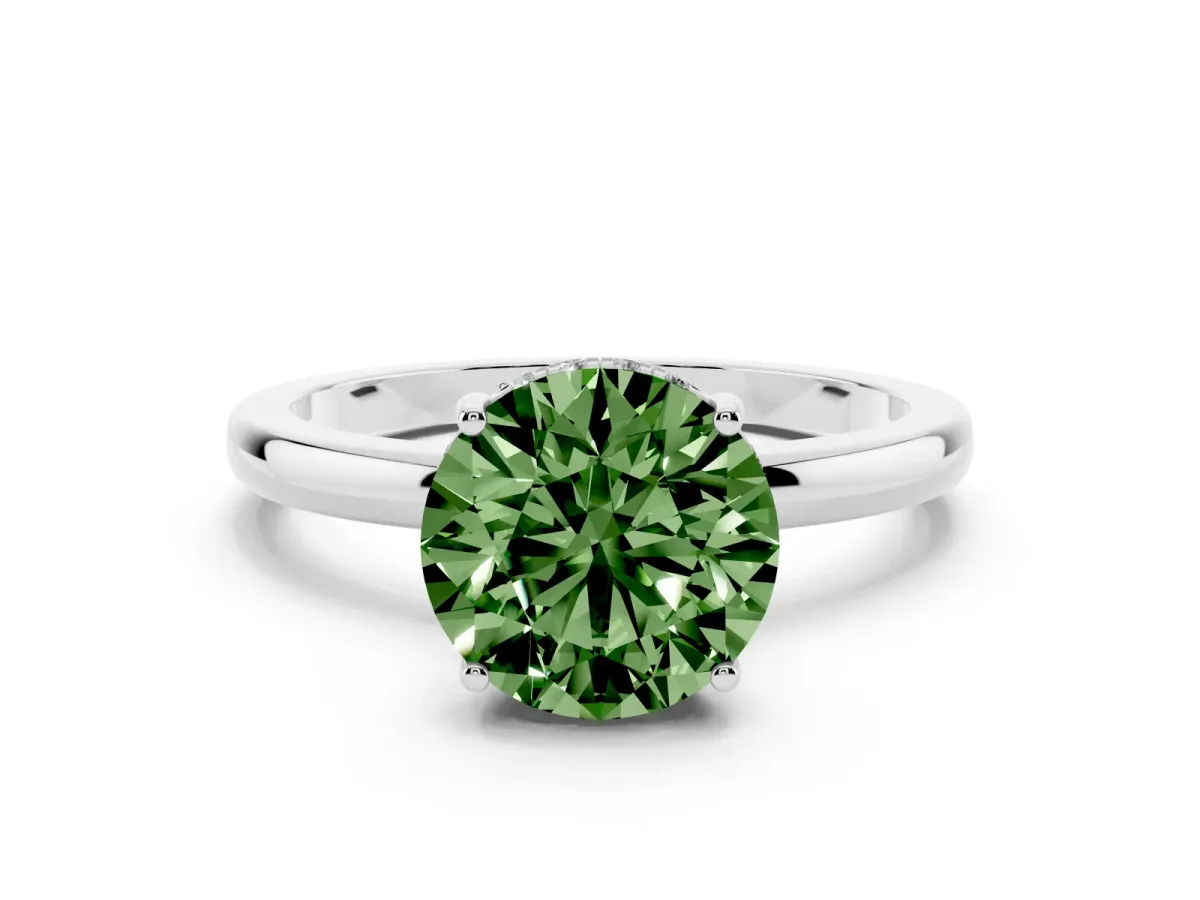 Fancy Green Round Cut Solitaire Diamond Ring with Prong Setting and Plain Band Silver