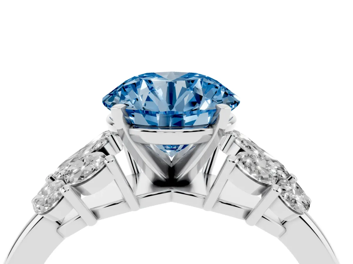 Fancy Blue Round Cut Diamond Cluster Leaf Design Ring with Prong Setting Silver