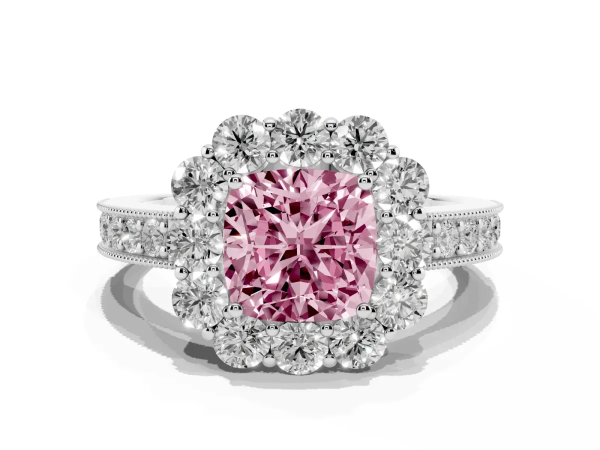 Fancy Pink Cushion Cut Cut Halo Diamond Pavé Engagement Ring with Milgrain Detailing Silver