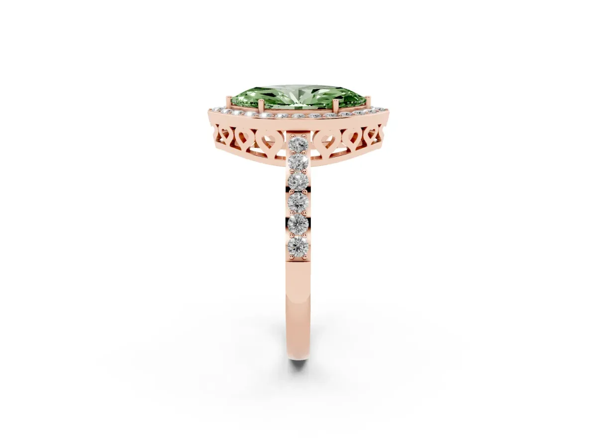 Fancy Green Marquise Cut Halo Diamond Pavé Band Ring with Prong Setting Rose gold