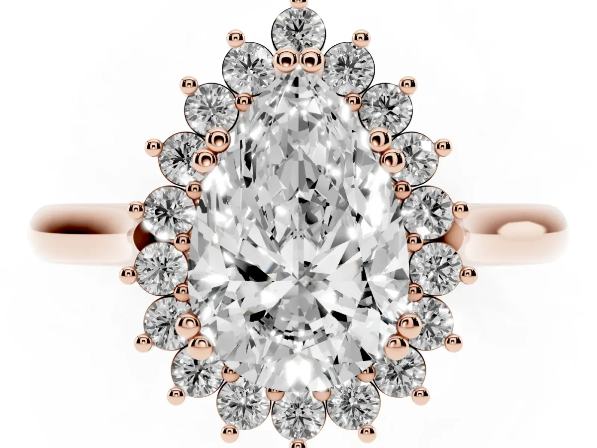 Pear Cut Cut Diamond Halo Ring with Solitaire Band and Prong Setting Rose gold