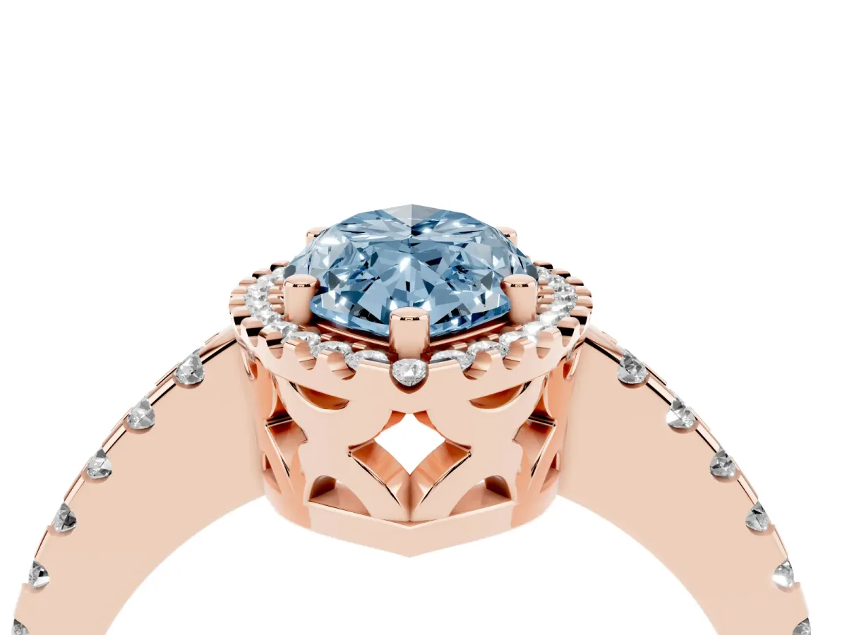 Fancy Blue Marquise Cut Diamond Halo Engagement Ring with Pavé Band and Prong Setting Rose gold